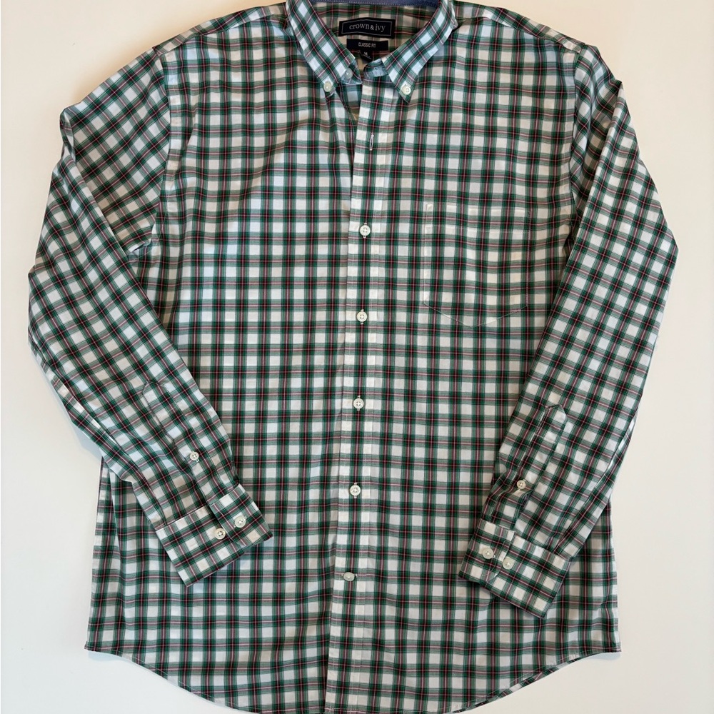 Crown & Ivy Men's Plaid Shirt - Green, Black, Red, and White, Size Medium